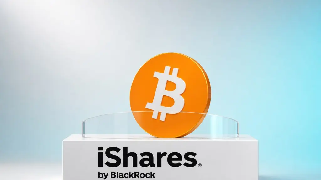 Eine orangefarbene Bitcoin-Münze steht auf einem weißen Sockel hinter einem durchsichtigen, gebogenen Schutzschild, auf der Sockelfront steht der Schriftzug iShares by BlackRock.