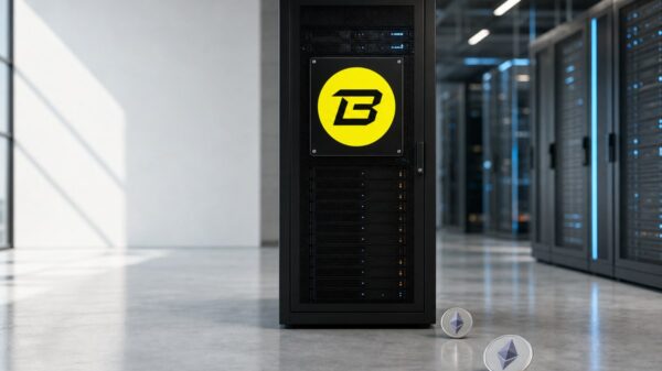 Ein schwarzer Serverschrank mit gelbem Blast-Zeichen steht in einem hellen Rechenzentrum, seine Statuslichter sind fast erloschen, davor rollen zwei silberne Ether-Münzen über den Boden.