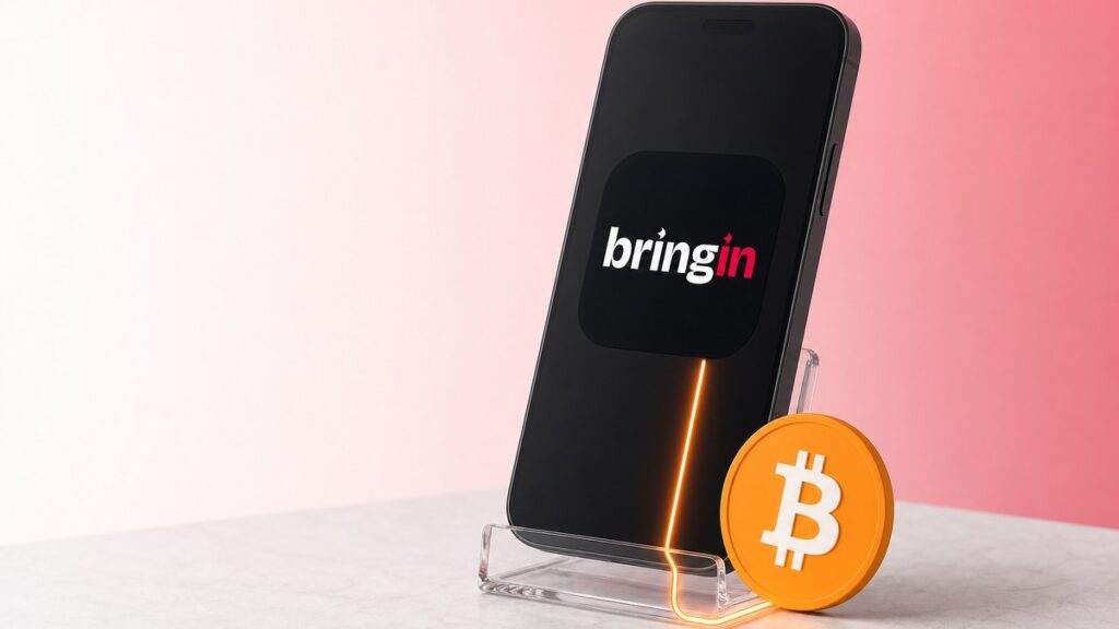 Ein schwarzes Smartphone steht in einem durchsichtigen Ständer und zeigt groß das Bringin-App-Symbol, davor lehnt eine orangefarbene Bitcoin-Münze, ein leuchtender Strich verbindet Münze und Telefon.