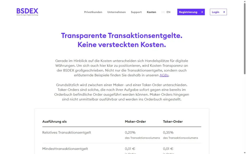Kostenseite von bsdex.de mit 0,20 % für Maker- und 0,35 % für Taker-Orders