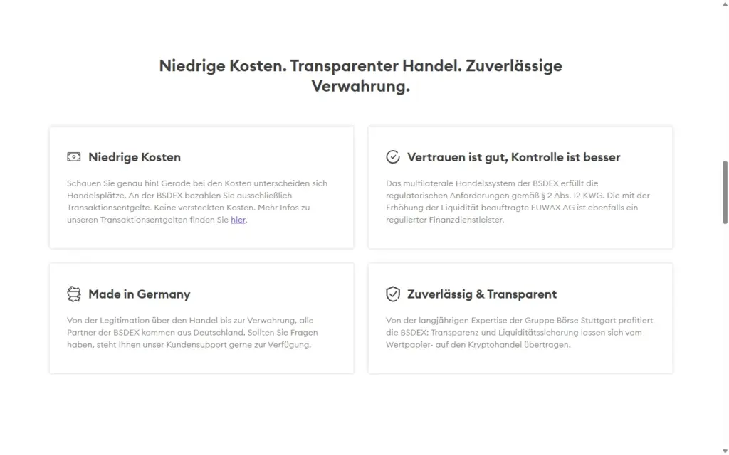 Abschnitt zu Kosten, Regulierung und Verwahrung auf bsdex.de