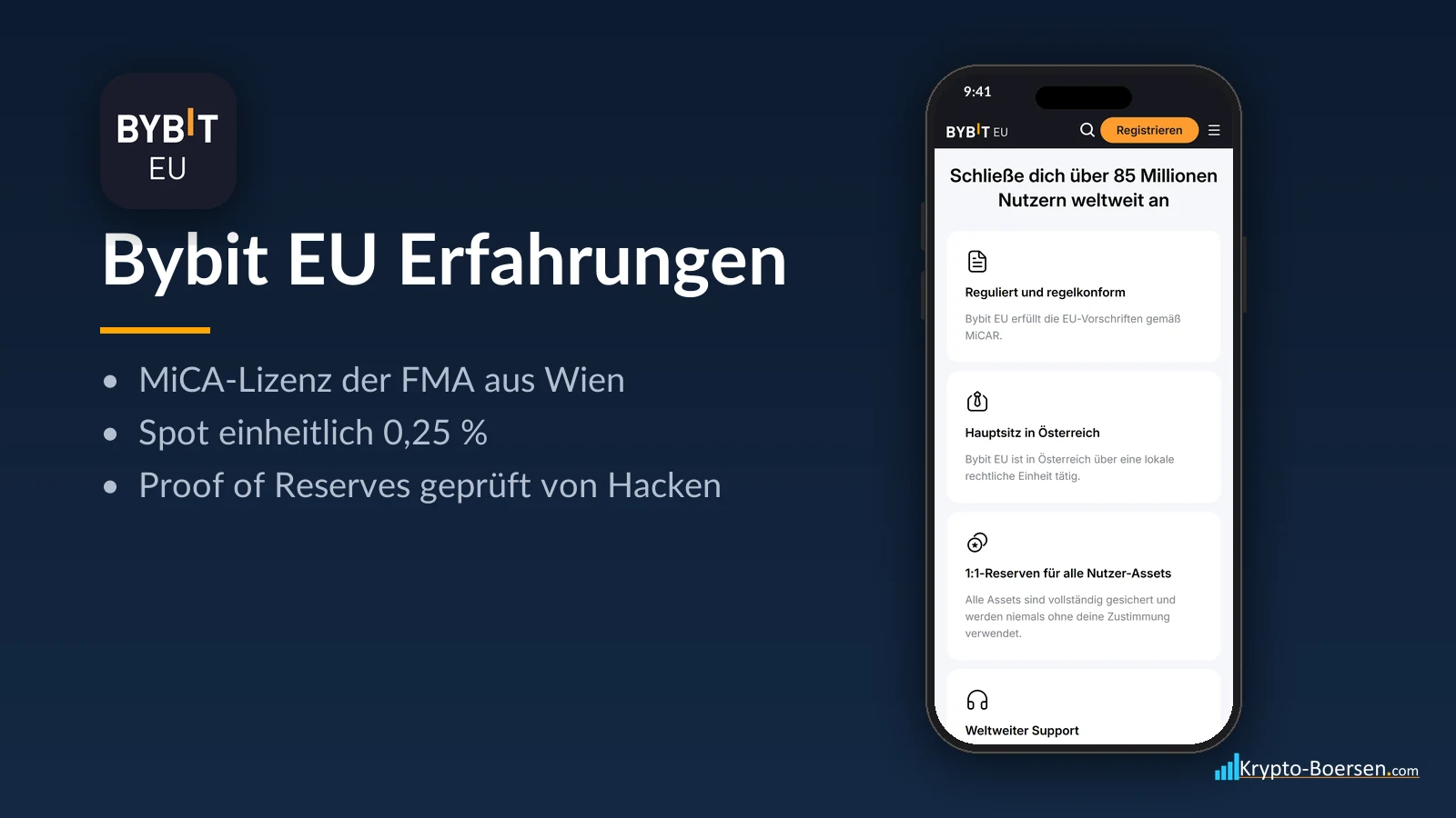 Bybit EU Erfahrungen: App-Symbol, Startseite von bybit.eu auf dem Smartphone und Kernfakten