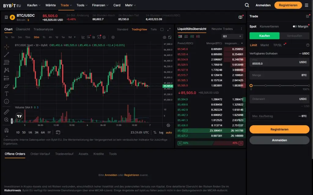 Spot-Handelsansicht für BTC/USDC auf bybit.eu mit Chart und Orderbuch