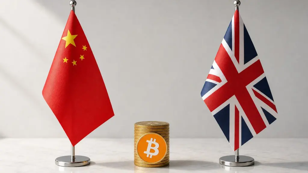 Zwei gleich große Tischflaggen, links die Flagge Chinas und rechts die Flagge Großbritanniens, stehen auf einem weißen Steintisch einander gegenüber, in der Mitte ein Stapel goldener Bitcoin-Münzen.