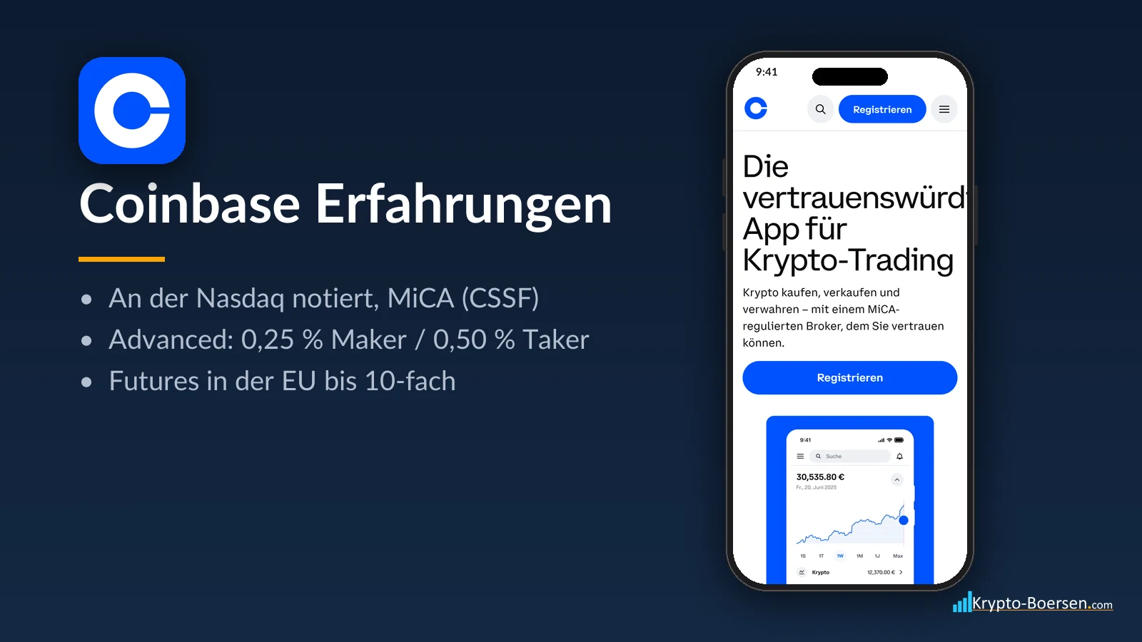 Coinbase Erfahrungen: App-Symbol, Startseite von coinbase.com auf dem Smartphone und Kernfakten