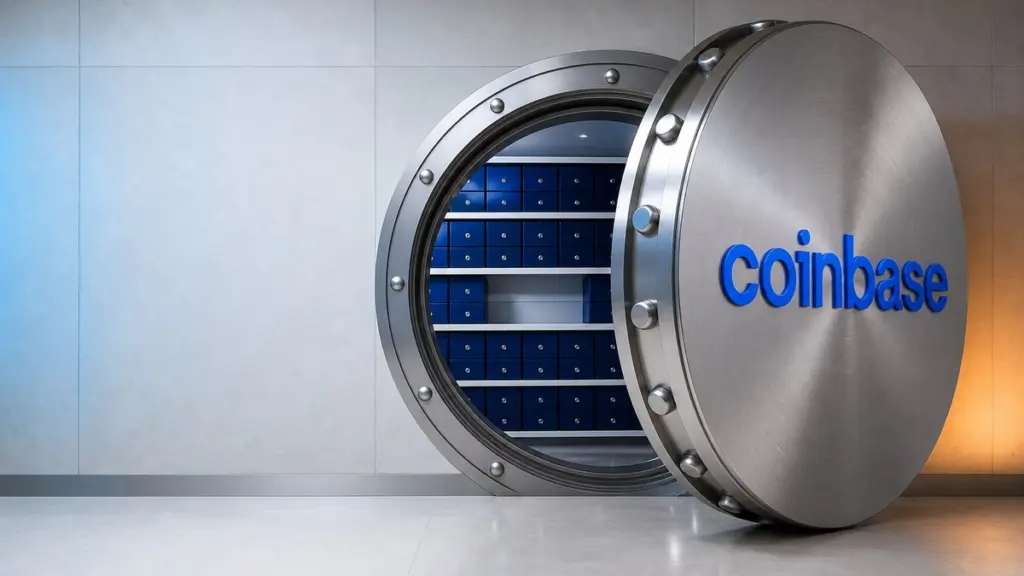 Ein moderner, heller Banktresor mit halb geöffneter runder Stahltür, auf der die blaue Coinbase-Wortmarke sitzt; in den Regalen dahinter stehen blaue Kassetten, in der mittleren Reihe fehlen mehrere.