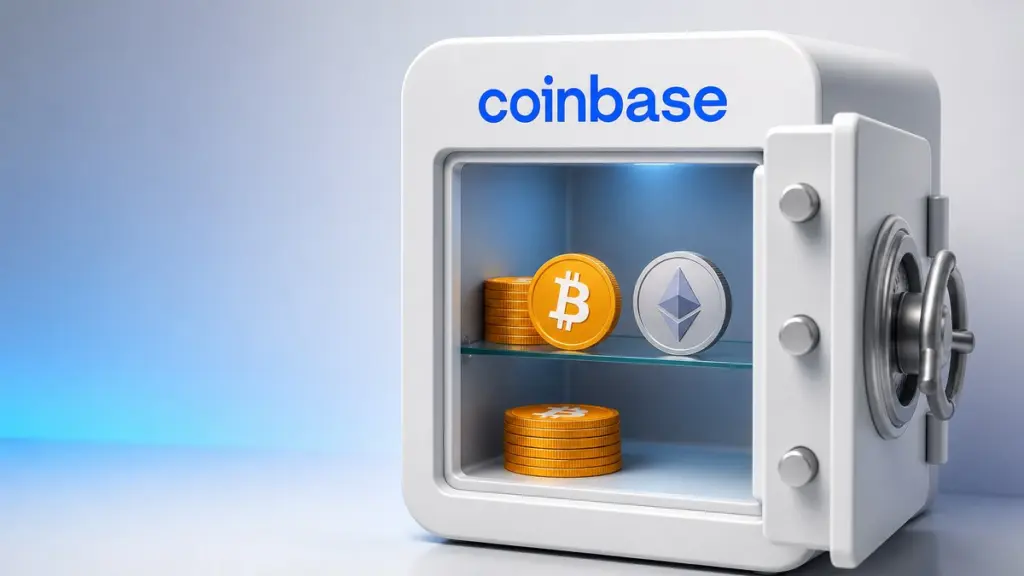 Ein geöffneter blauer Tresor mit dem Coinbase-Logo auf der Tür, in dem goldene Bitcoin-Münzen und eine silberne Ether-Münze liegen.