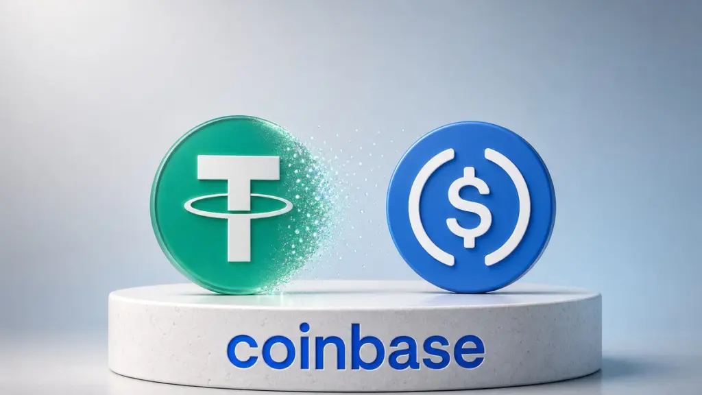 Eine grüne Tether-Münze löst sich in Lichtpartikel auf, die zu einer gleich großen blauen USDC-Münze treiben; beide stehen auf einem weißen Sockel mit dem Coinbase-Schriftzug.