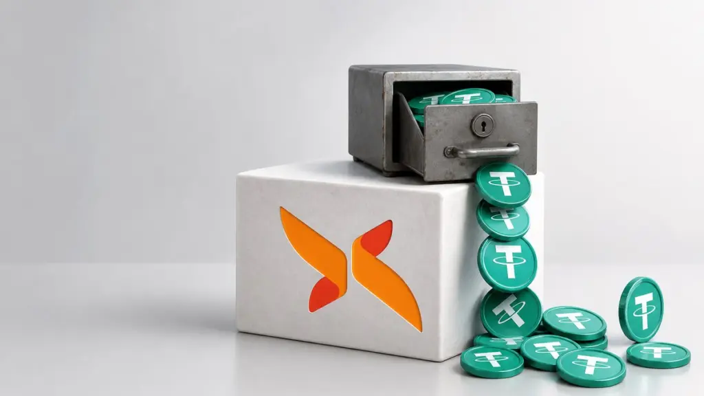 Aus einer alten, offenen Stahlschublade auf einem weißen Sockel mit dem orange-roten CoinDCX-Zeichen rutschen grüne Tether-Münzen und rollen über die Fläche davon.