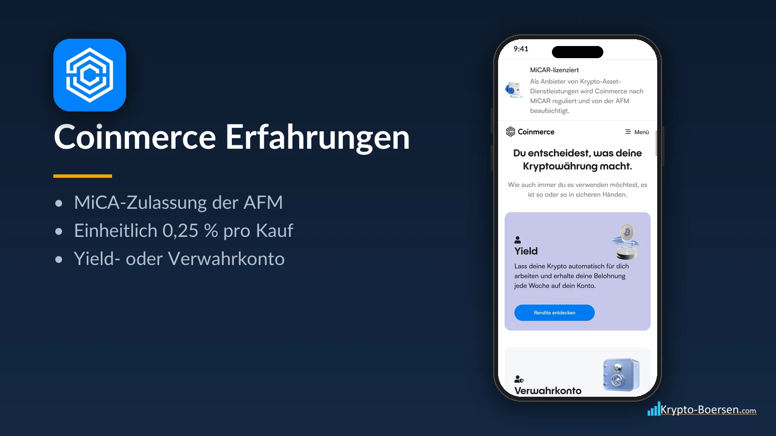 Coinmerce Erfahrungen: App-Symbol, Startseite von coinmerce.io auf dem Smartphone und Kernfakten