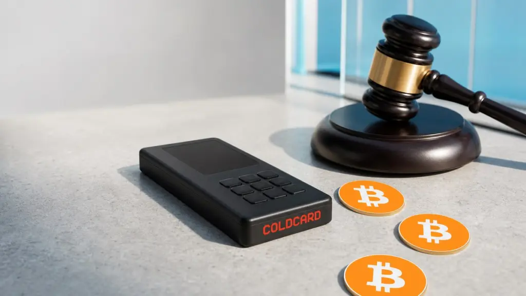 Eine schwarze Hardware-Wallet mit roter COLDCARD-Aufschrift liegt auf hellem Stein, daneben ein Richterhammer auf seinem Block, drei Bitcoin-Münzen gleiten vom Gerät weg.