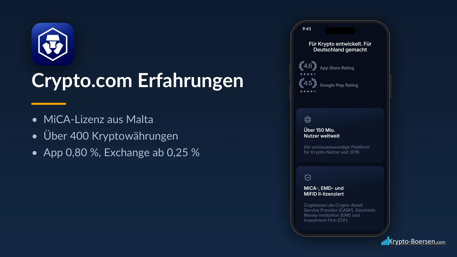 Crypto.com Erfahrungen: App-Symbol, Startseite von crypto.com auf dem Smartphone und Kernfakten