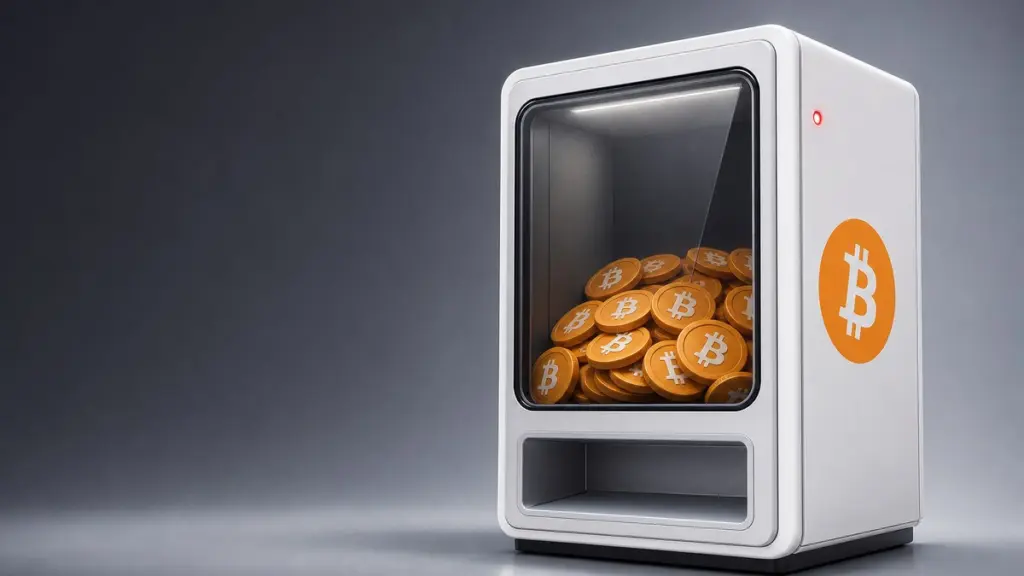 Ein weißer Automat mit Bitcoin-Zeichen an der Seite, hinter einer geschlossenen Glasscheibe liegen viele Bitcoin-Münzen, das Ausgabefach darunter ist leer, ein rotes Lämpchen leuchtet.