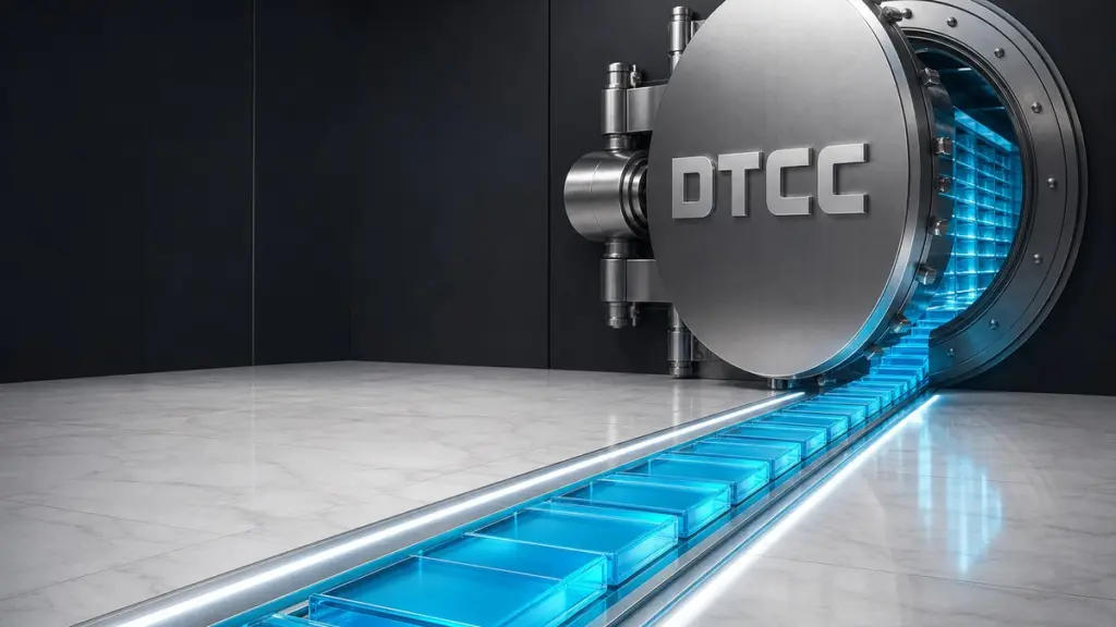 Eine halb geöffnete runde Stahltresortür mit der erhabenen DTCC-Wortmarke, aus dem Tresor gleitet eine Reihe leuchtend blauer Glaskacheln über eine Lichtschiene in einen hellen Raum.