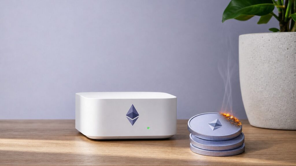 Ein kleiner weißer Staking-Knoten mit Ethereum-Zeichen steht auf einem Holzregal, daneben liegen drei silberne Ether-Münzen, deren oberste am Rand glimmt und raucht.