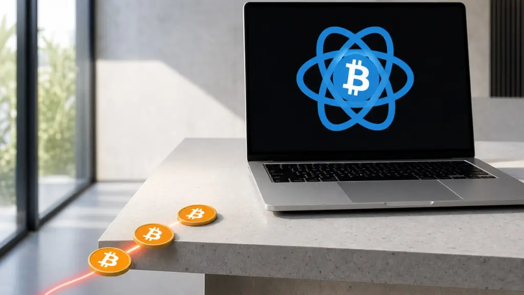 Aufgeklappter silberner Laptop mit dem blauen Electrum-Zeichen auf dem Bildschirm, daneben rutschen drei Bitcoin-Münzen über die Tischkante und folgen einer roten Linie zur Seite.