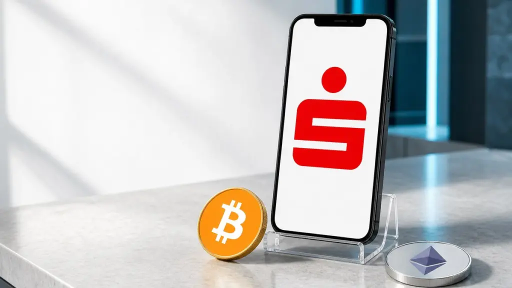 Ein schwarzes Smartphone mit dem roten Sparkassen-Zeichen auf dem weißen Bildschirm steht in einem Acrylständer, davor lehnen eine Bitcoin-Münze und eine Ether-Münze.