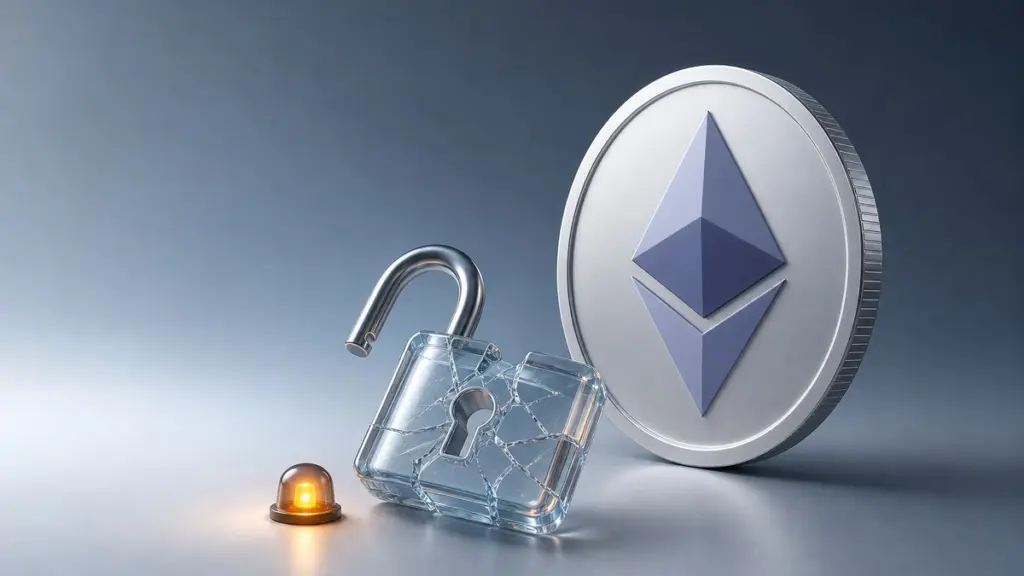 Eine große silberne Ethereum-Münze steht aufrecht, davor liegt ein gesprungenes, geöffnetes Vorhängeschloss aus Glas neben einer kleinen orange leuchtenden Warnlampe.