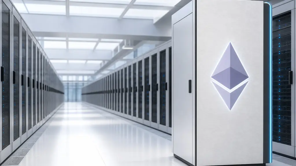 In einer hellen Rechenzentrumsgasse mit langen Reihen grauer Serverschränke steht vorne rechts ein einzelner weißer Schrank mit einem hinterleuchteten Ethereum-Zeichen auf der Tür.