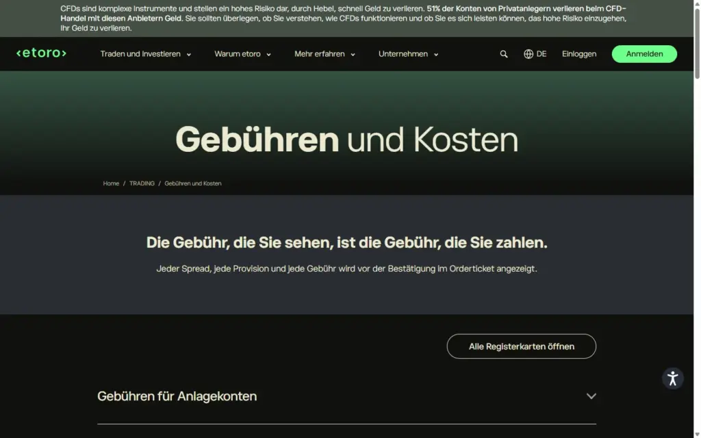 Seite Gebühren und Kosten auf etoro.com