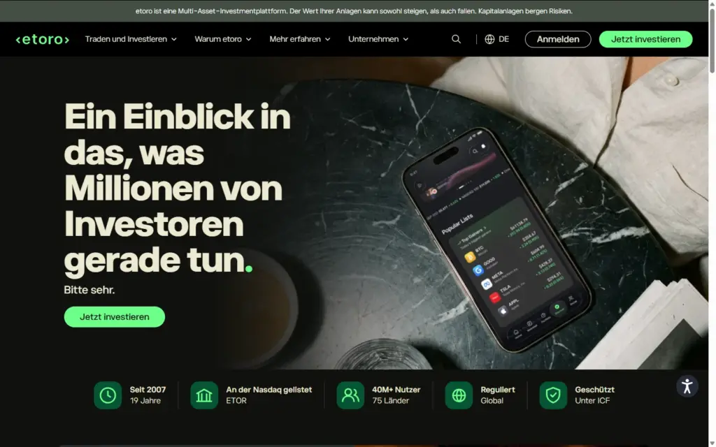 Startseite von etoro.com in der Desktop-Ansicht