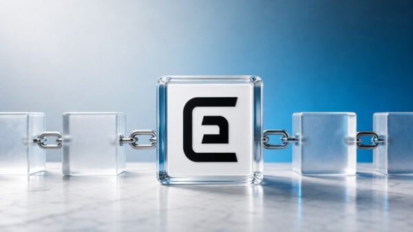 Großer Glasblock mit dem schwarzen EURØP-Zeichen in der Mitte einer Kette aus Milchglasblöcken, die durch Stahlglieder verbunden sind, vor einem Hintergrund von Hellgrau zu Blau.