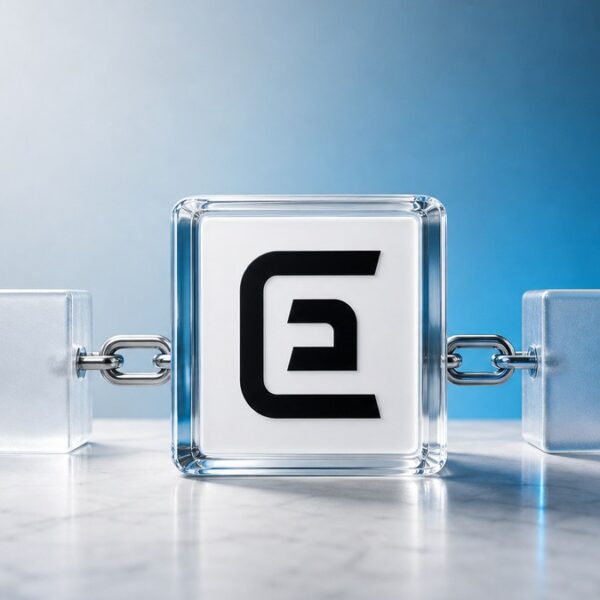 Großer Glasblock mit dem schwarzen EURØP-Zeichen in der Mitte einer Kette aus Milchglasblöcken, die durch Stahlglieder verbunden sind, vor einem Hintergrund von Hellgrau zu Blau.