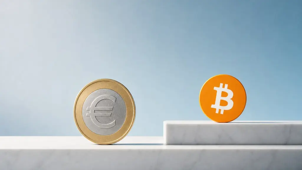 Eine große zweifarbige Euro-Münze mit geprägtem Eurozeichen steht aufrecht auf einer hellen Steinkante, daneben steht eine orangefarbene Bitcoin-Münze eine Stufe höher.