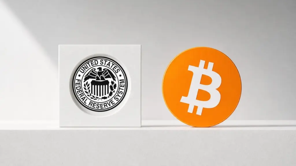 Auf einer weißen Steinleiste stehen nebeneinander ein weißer Steinblock mit dem eingelassenen schwarz-weißen Siegel des Federal Reserve System und eine orangefarbene Bitcoin-Münze, beide auf gleicher Höhe.