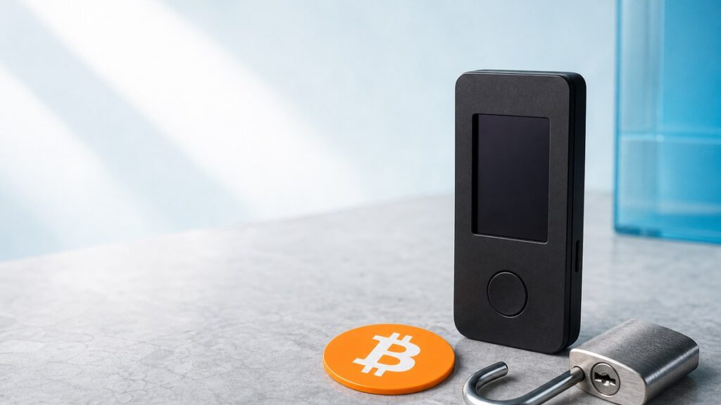 Schwarze Hardware-Wallet mit dunklem Display auf hellgrauem Stein, davor eine orange Bitcoin-Münze und ein geöffnetes Vorhängeschloss aus Stahl.