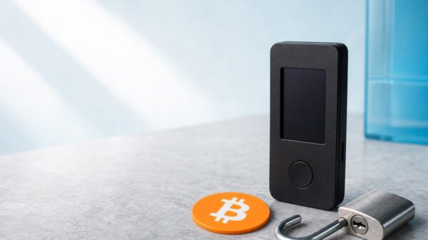 Schwarze Hardware-Wallet mit dunklem Display auf hellgrauem Stein, davor eine orange Bitcoin-Münze und ein geöffnetes Vorhängeschloss aus Stahl.