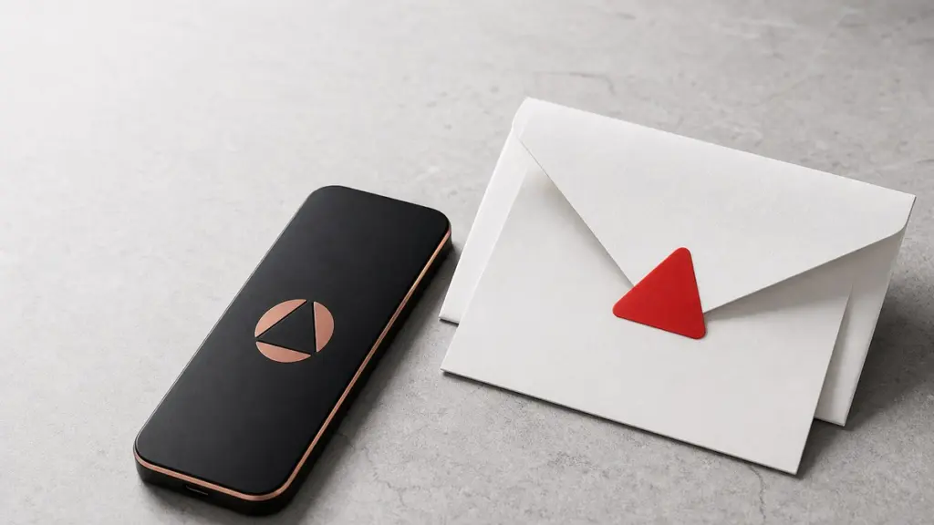 Schwarze Hardware-Wallet mit kupferfarbenem Rand und dem Foundation-Zeichen auf der Rückseite liegt auf grauem Stein neben einem geöffneten weißen Briefumschlag mit rotem dreieckigem Warnaufkleber.