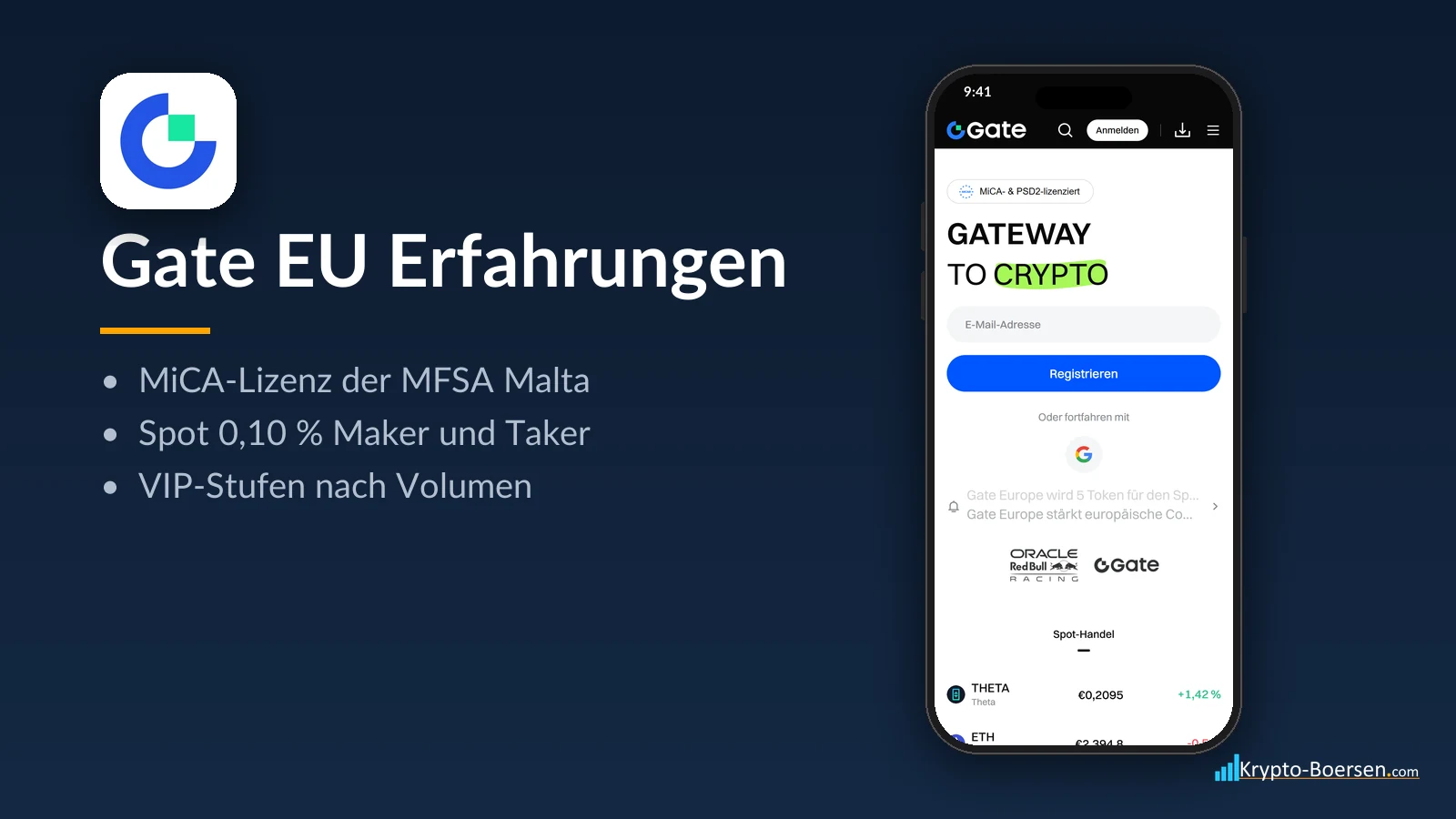 Gate EU Erfahrungen: App-Symbol, Startseite von gate.com auf dem Smartphone und Kernfakten