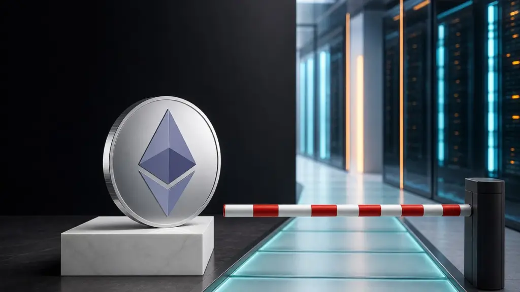 Eine große silberne Ethereum-Münze steht auf einem weißen Steinsockel, davor versperrt eine gesenkte rot-weiße Schranke den Glasweg in eine helle Serverhalle.