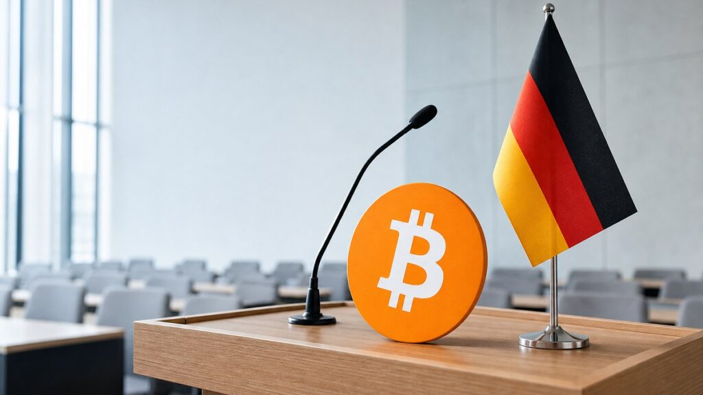 Orange Bitcoin-Münze steht auf einem hellen Holz-Rednerpult neben einem schwarzen Schwanenhalsmikrofon und einer kleinen deutschen Tischflagge, dahinter ein leerer Saal mit grauen Stühlen.