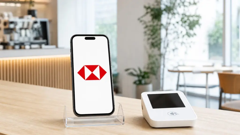 Ein Smartphone im Acrylhalter zeigt auf der Theke eines hellen Cafés das rot-weiße HSBC-Hexagon, daneben steht ein weißes Kartenterminal.
