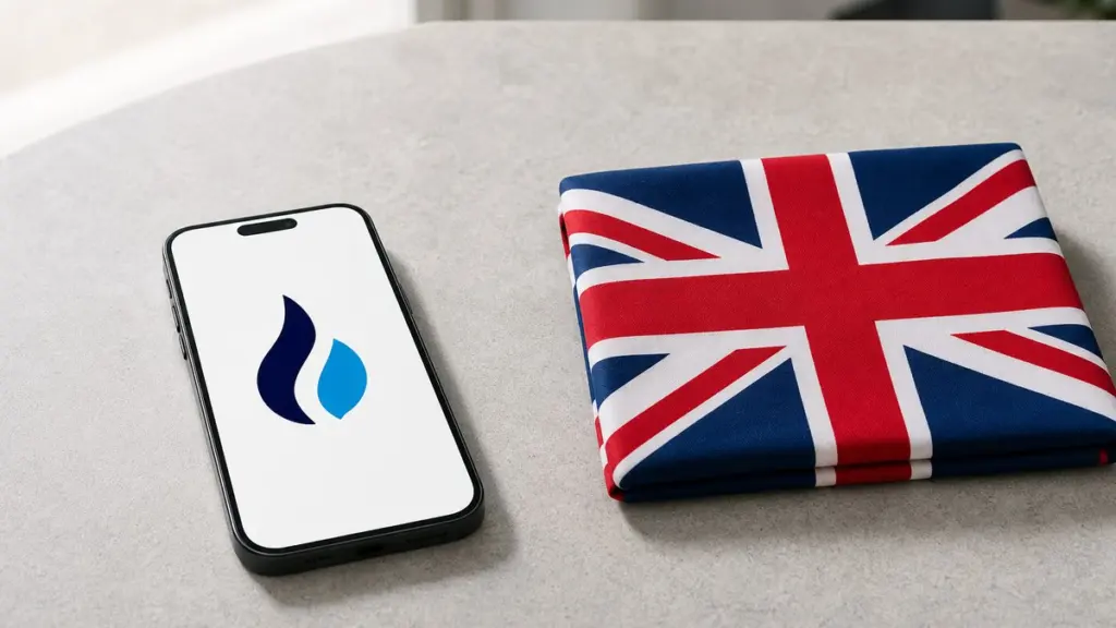 Ein Smartphone mit dem HTX-Zeichen auf dem Display liegt auf einem hellen Steintisch, daneben liegt eine zusammengelegte britische Flagge aus Stoff.