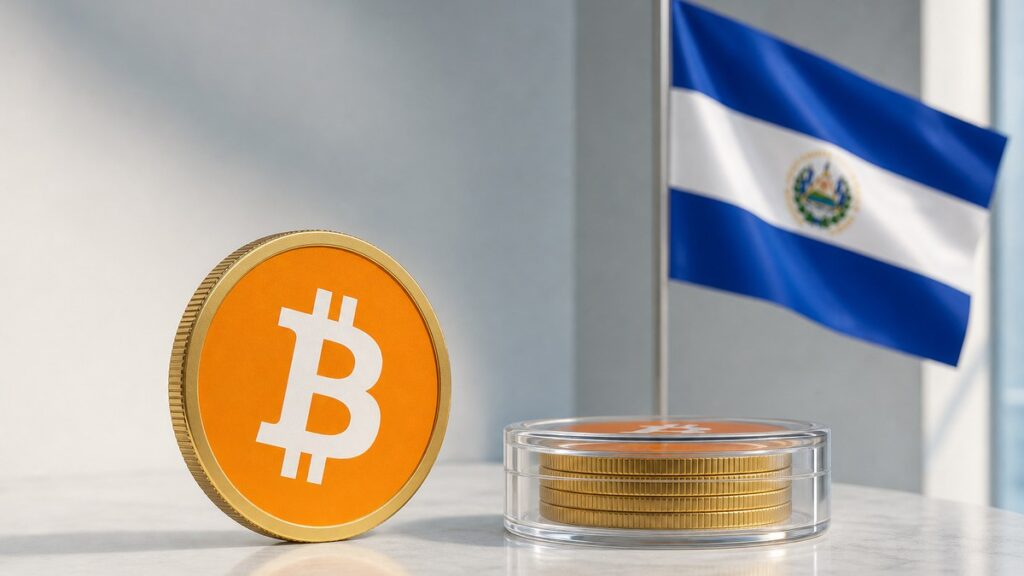 Eine große Bitcoin-Münze steht neben einem Stapel Bitcoin-Münzen unter einem geschlossenen Acryldeckel, dahinter hängt die Flagge El Salvadors an einer Stange.