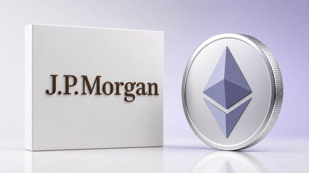 Ein weißer Block mit dem braunen Schriftzug J.P.Morgan steht neben einer gleich großen silbernen Münze mit dem violetten Ethereum-Zeichen.