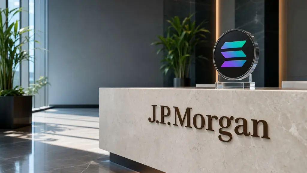 In einer hellen Bank-Lobby trägt ein heller Steintresen die J.P.Morgan-Wortmarke, darauf steht eine große Solana-Münze in einem Acrylhalter.