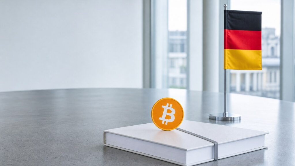 Auf einem hellgrauen Konferenztisch liegt eine geschlossene, mit einem grauen Band verschnürte weiße Mappe, auf der eine orange Bitcoin-Münze steht; dahinter eine kleine deutsche Tischflagge auf einem Chromständer.