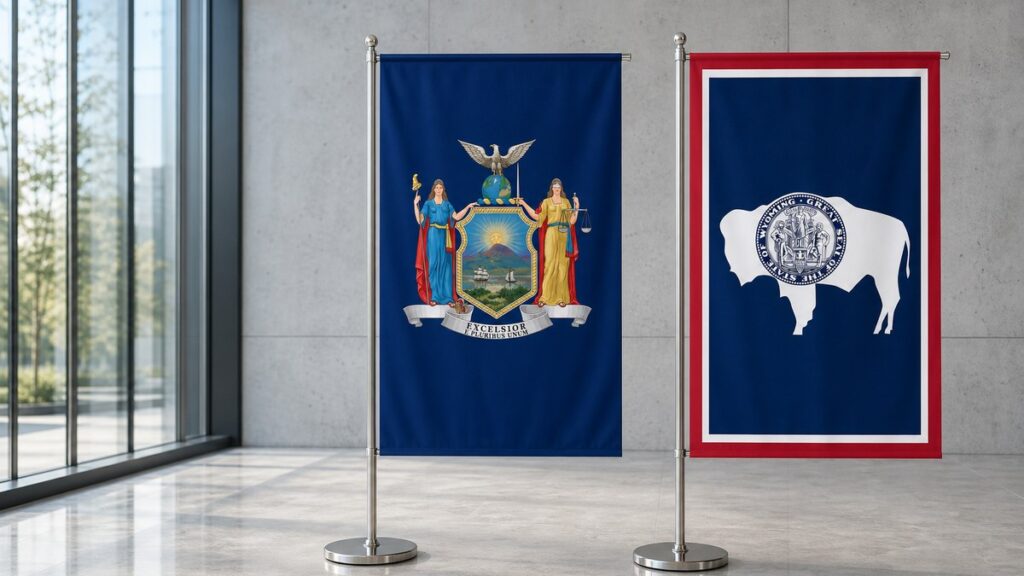 Die Flaggen von New York und Wyoming hängen gleich groß nebeneinander an zwei Fahnenmasten aus Stahl in einer hellen Lobby mit Steinboden und Fensterfront.