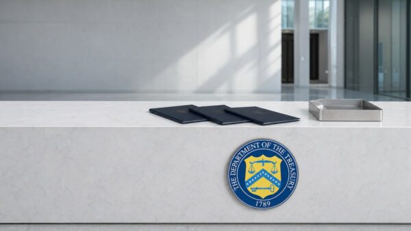 Auf der Front eines weißen Steintresens in einer hellen Behördenhalle sitzt das runde Siegel des US-Finanzministeriums, oben liegen drei dunkelblaue Mappen neben einer leeren Ablageschale.