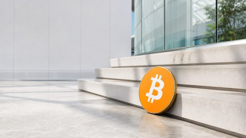 Eine orangefarbene Bitcoin-Münze lehnt am Fuß einer hellen Steintreppe in einem lichten Atrium, auf der obersten Stufe vor einer Glasbrüstung sind Schleifspuren zu sehen.