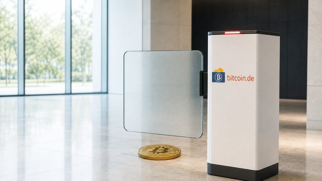 Eine weiße Zugangssäule mit dem bitcoin.de-Logo und rotem Stopplicht hält eine Glasschranke geschlossen, davor liegt eine goldene Bitcoin-Münze auf dem Steinboden einer hellen Eingangshalle.