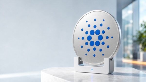 Eine große silberne Münze mit dem blauen Cardano-Zeichen steht aufrecht in einer weißen Klammer auf einem hellen Steinsockel, an der Klammer leuchtet ein kleines blaues Statuslicht.