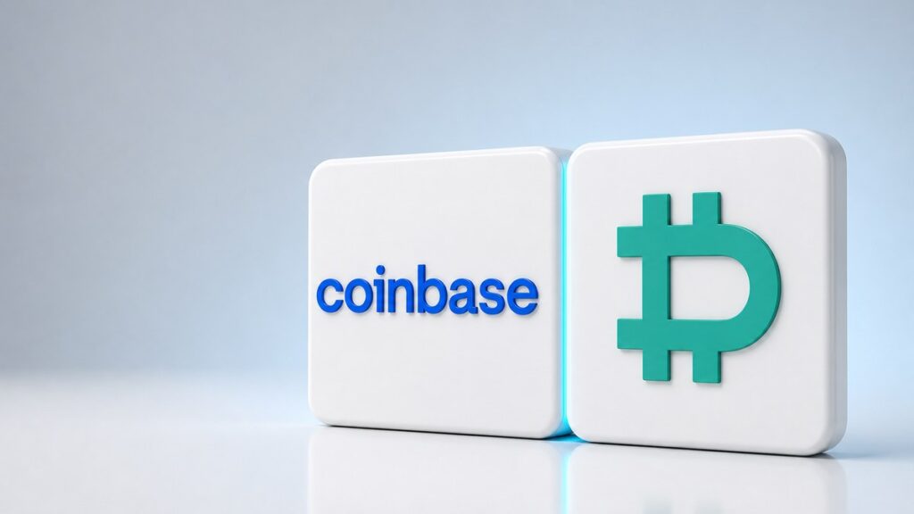 Zwei gleich große weiße Blöcke stehen dicht nebeneinander, links mit dem blauen Coinbase-Schriftzug, rechts mit dem türkisgrünen Deribit-Zeichen, an der Fuge leuchtet eine hellblaue Linie.