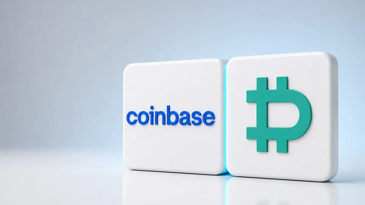 Zwei gleich große weiße Blöcke stehen dicht nebeneinander, links mit dem blauen Coinbase-Schriftzug, rechts mit dem türkisgrünen Deribit-Zeichen, an der Fuge leuchtet eine hellblaue Linie.