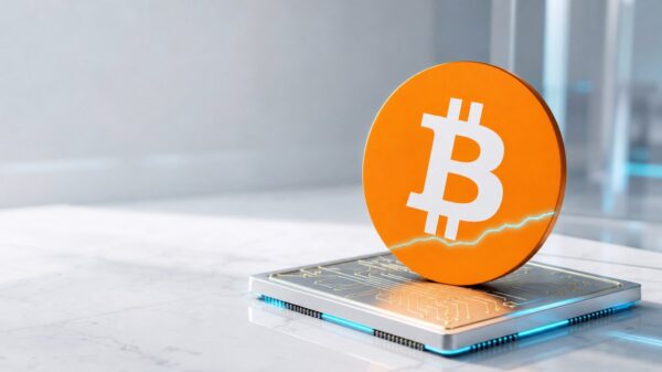 Eine große orangefarbene Bitcoin-Münze steht schräg auf einem silbernen Quantenprozessor-Chip mit goldenen Leiterbahnen, über die Münzfläche zieht sich ein feiner Riss aus cyanfarbenem Licht.