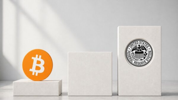 Drei weiße Steinblöcke steigen wie Stufen von links nach rechts an, auf dem niedrigsten steht eine orangefarbene Bitcoin-Münze, in die Vorderseite des höchsten ist das schwarz-weiße Siegel des Federal Reserve System eingelassen.